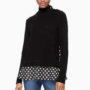 Kate Spade Black Sweater Polka Dot Silk Hem Layered Look Button Shoulder Size XS